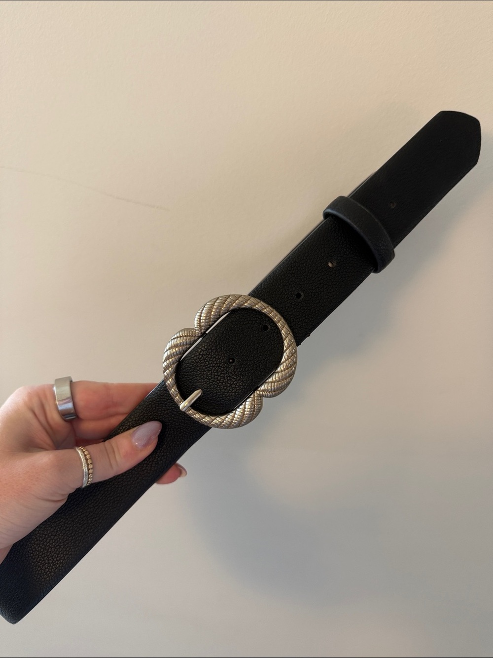 Rachel Zoe Black Leather Belt with Textured Silver Rope Knot Buckle